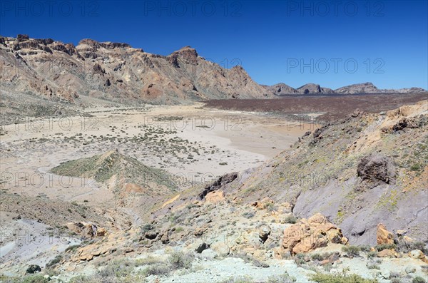 Collapse crater or caldera with lava fields in the Llano de Ucanca