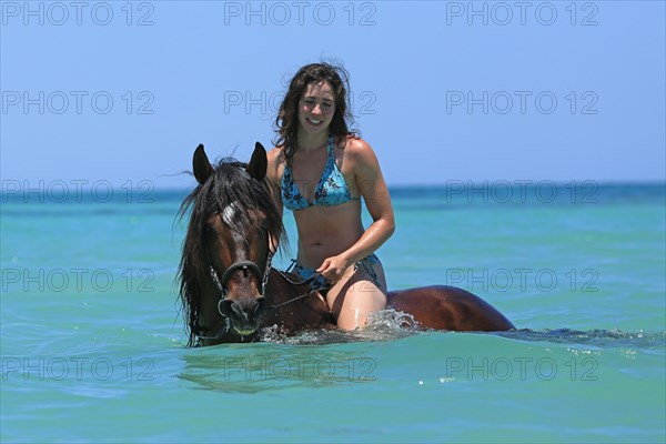 Woman wearing a bikini riding a Barb horse in the sea