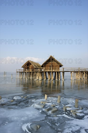 Pfahlbaumuseum Unteruhldingen museum and frozen Lake Constance