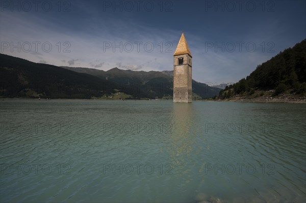 Church tower of Alt-Graun in Lake Reschen