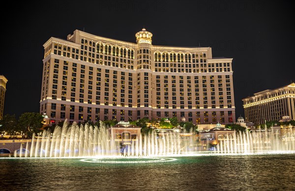 Illuminated fountain in front of the Bellagio Hotel at night