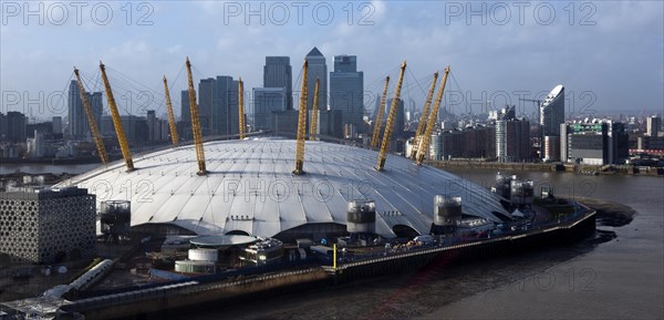 Skyline of London with the financial district Canary Wharf and the Millennium Dome