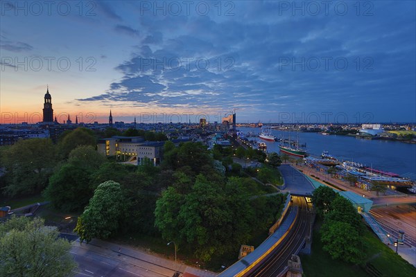 View of Hamburg and the Elbe River with the Elbbrucken underground station