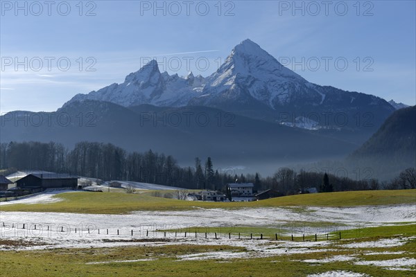 Watzmann mountain above the meadows of Bischofswiesen