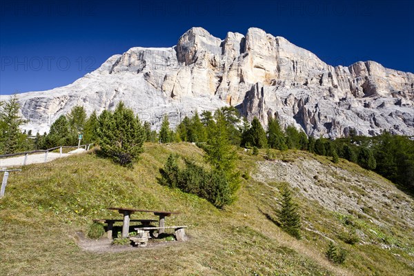 View from the Heiligkreuzkofelsteig climbing route on Heiligkreuzkofel Mountain in the Fanes Group