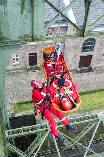 Firefighters practicing rescue from heights on the old Henrichenburg boat lift