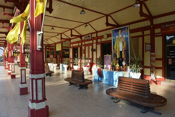 Hua Hin Railway Station with a portrait of King Bhumibol Adulyadej the Great