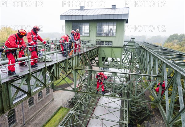 Firefighters practicing rescue from heights on the old Henrichenburg boat lift