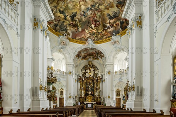 Nave of the Rott abbey church with the high altar by Ignaz Gunther and dome fresco 'Theatrum honoris' by Matthaus Gunther