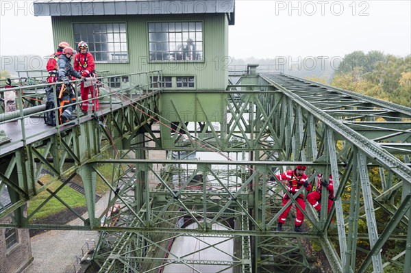 Firefighters practicing rescue from heights on the old Henrichenburg boat lift