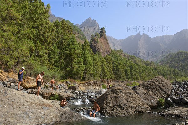 Playa de Taburiente and the rock formation Roque del Huso in the Parque Nacional de la Caldera de Taburiente National Park