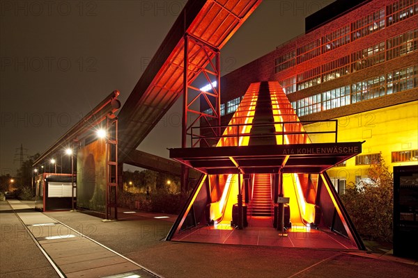 Illuminated gangway to the Ruhr Museum at the Zeche Zollverein Coal Mine Shaft XII