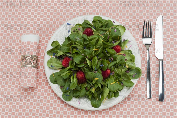 Lamb's lettuce with strawberries and flower petals served on a plate