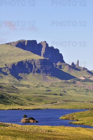 Views across Loch Fada to The Storr with the Old Man of Storr pinnacle