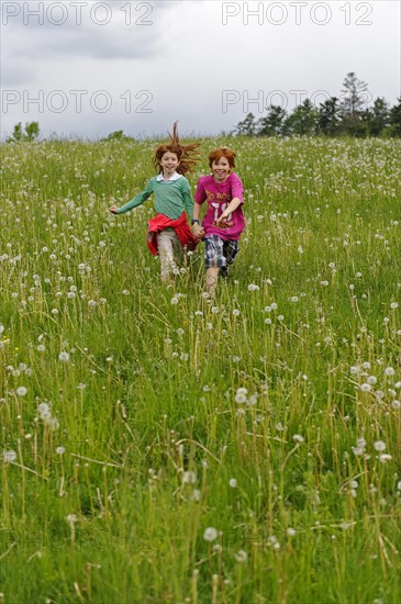 Two children running on a meadow with blowballs