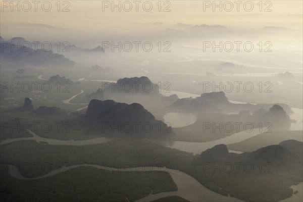 Aerial view of Malacca Bay between the island of Phuket and the mainland of the Malay peninsula in the south of Thailand