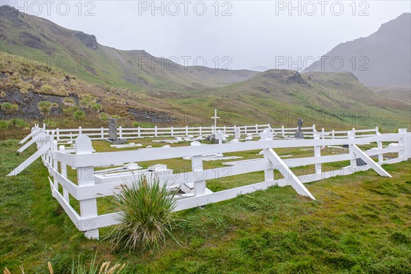 The cemetery of the former Stromness whaling station with the grave of the polar explorer Ernest Shackleton