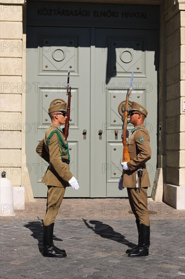 Changing of the guards in front of the Presidential Palace Sandor Palace on Castle Hill