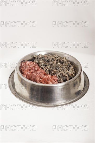 Dog bowl with two kinds of raw meat