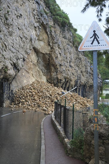 Rockfall after heavy rains on the road between Monaco and Roquebrune Cap Martin