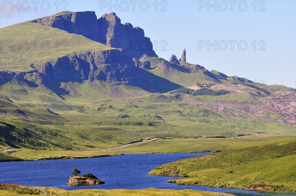 Views across Loch Fada to The Storr with the Old Man of Storr pinnacle