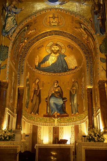 Byzantine mosaics with Christ Pantocrator above the altar at the Palatine Chapel or Cappella Palatina