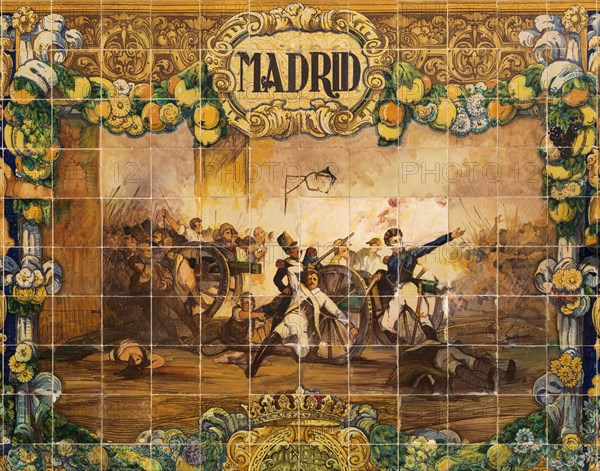 Tile work displaying a historic scene at the Plaza de Espana