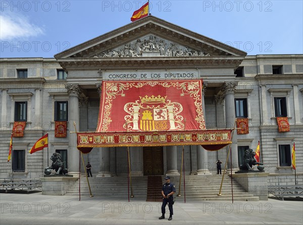 Royal canopy in front of parliament building in honor of the coronation of King Felipe VI