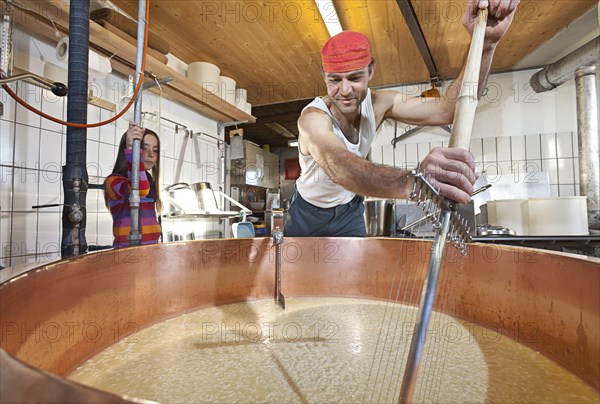 Dairyman mixing the whey and the curd with a cheese harp in a copper kettle