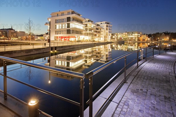 Phoenix Lake with the waterfront and the Facharztzentrum medical centre at the blue hour