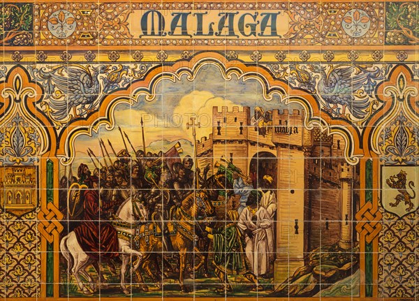 Tile work displaying a historic scene at the Plaza de Espana