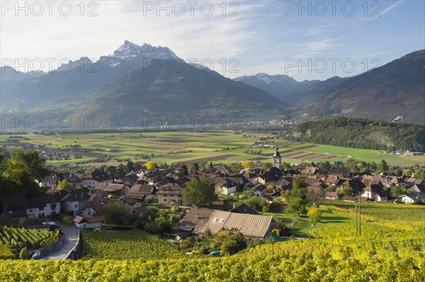 View of small town of Ollon and fertile Rhone valley from surrounding vineyards