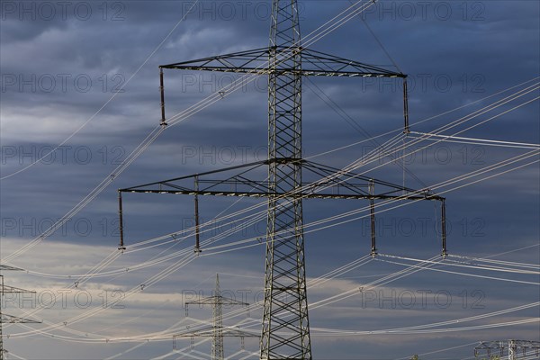 Newly erected high-voltage pylons of the South-West Interconnector of the transmission system operator 50 Hertz