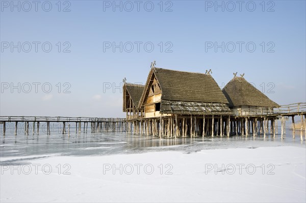 Pfahlbaumuseum Unteruhldingen museum and frozen Lake Constance