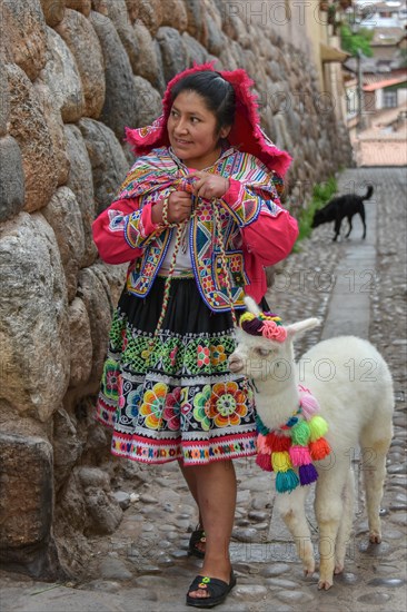 Local woman in traditional costume with a decorated Alpaca (Vicugna pacos)