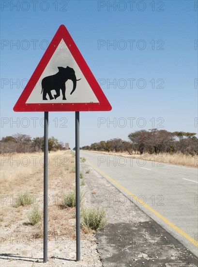 Traffic sign warning of crossing elephants at the B8 at its section through the Bwabwata National Park in the Caprivi strip