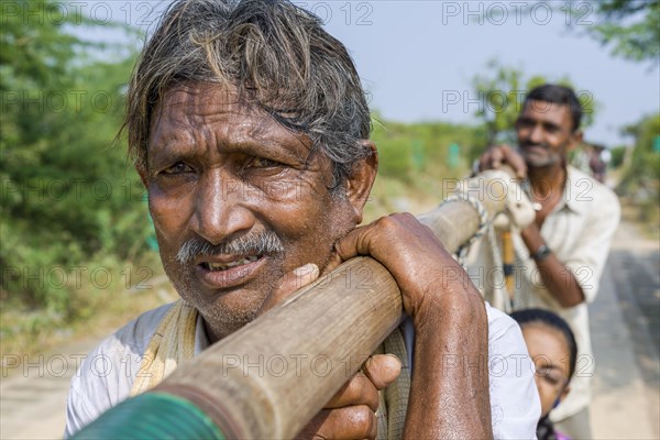 Porters carrying a Jain pilgrim up Mount Shatrunjaya