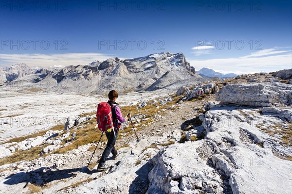 Mountain climber descending along the Heiligkreuzkofelsteig climbing route from Heiligkreuzkofel Mountain in the Fanes Group in the Fanes-Senes-Prags Nature Park