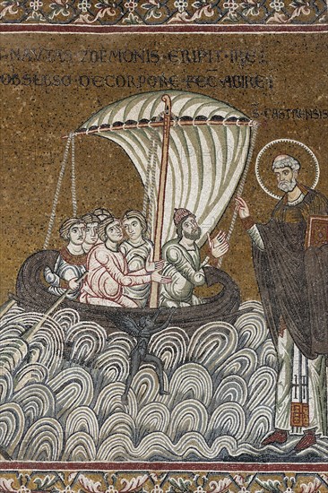 Jesus saving St. Peter on a boat in the sea
