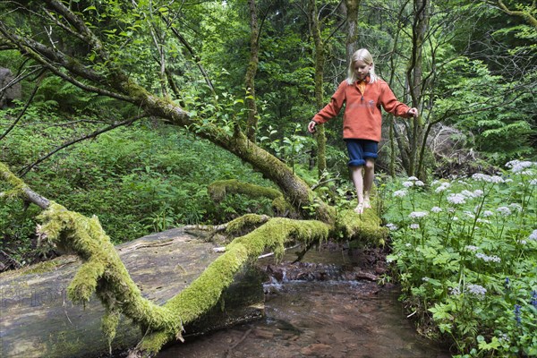 Boy balancing barefoot on a mossy tree trunk at a stream