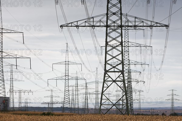 Newly erected high-voltage pylons of the South-West Interconnector of the transmission system operator 50 Hertz