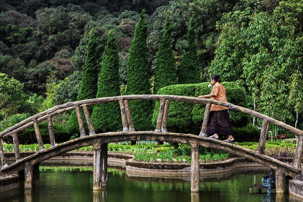 Arched bridge over a small pond on the Doi Inthanon mountain