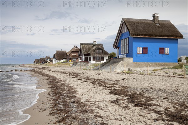 Houses with thatched roofs on the coast