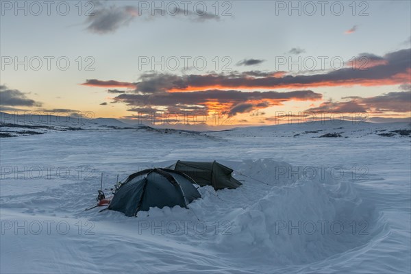 Two tents in the early morning in winter