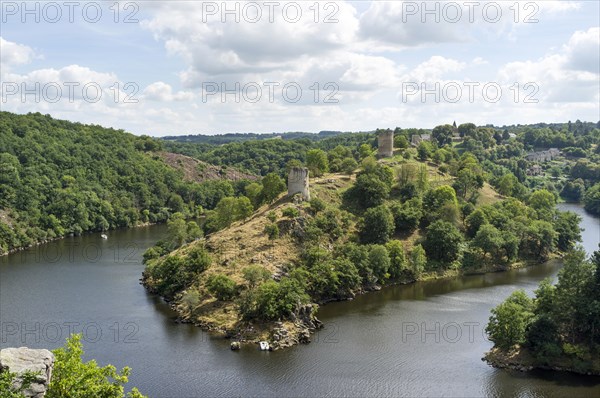 The ruins of Chateau de Crozant castle seen from across the Creuse River
