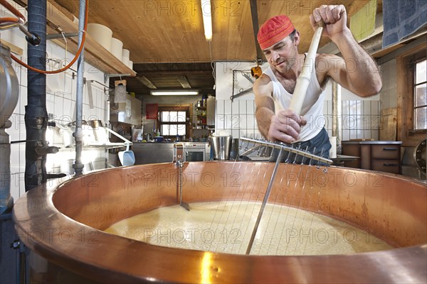 Dairyman mixing the whey and the curd with a cheese harp in a copper kettle