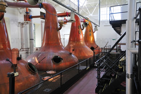 Copper stills in the whiskey distillery Highland Park Distillery