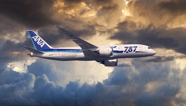 All Nippon Airways Boeing 787-8 Dreamliner in flight in the evening