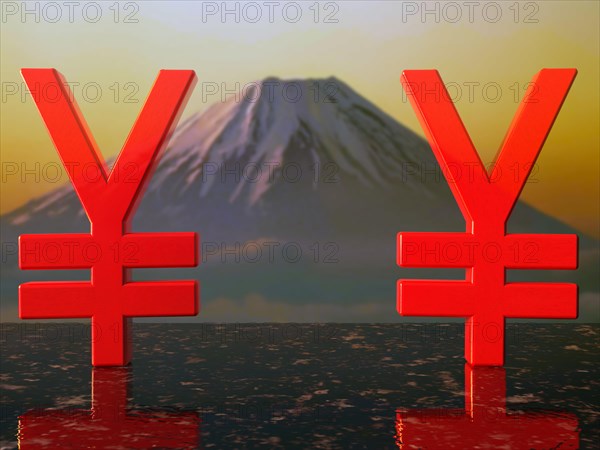 Yen currency symbols painted with red varnish on granite