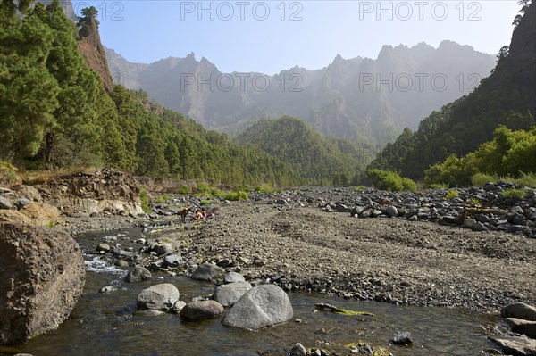 Playa de Taburiente and the rock formation Roque del Huso in the Parque Nacional de la Caldera de Taburiente National Park